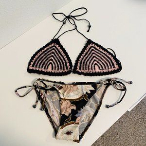 Zimmermann Black and Pink Crochet Triangle Bikini Set